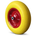Solid Flat-Free Wheelbarrow Replacement Wheel - Yellow Polyurethane Foam Tire on Heavy-Duty Red Steel Rim with Center Bearing Assembly