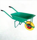 Heavy-Duty Single-Wheel Construction Wheelbarrow - Powder-Coated Green Steel Tray with Solid Yellow Flat-Free Rubber Tire & Tubular Steel Handles