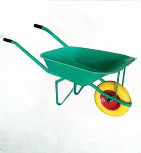 Heavy-Duty Single-Wheel Construction Wheelbarrow - Powder-Coated Green Steel Tray with Solid Yellow Flat-Free Rubber Tire & Tubular Steel Handles
