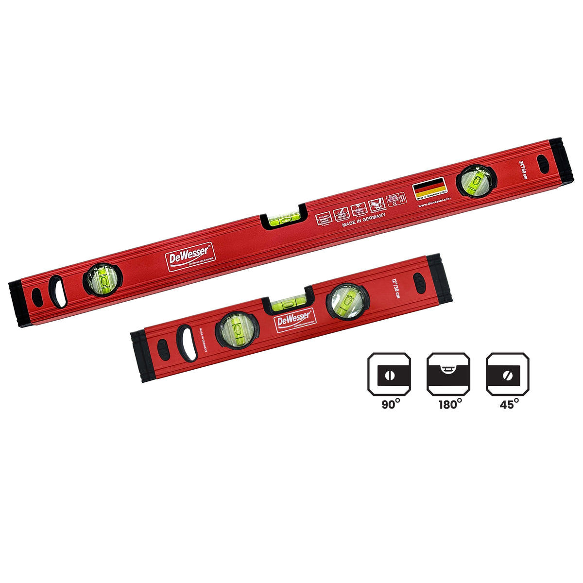 DeWesser Professional 50cm (20 Inch) Precision Heavy-Duty Aluminum Spirit Level - 3 High-Visibility Vials (Horizontal, Vertical, 45°) with Shock-Absorbing End Caps