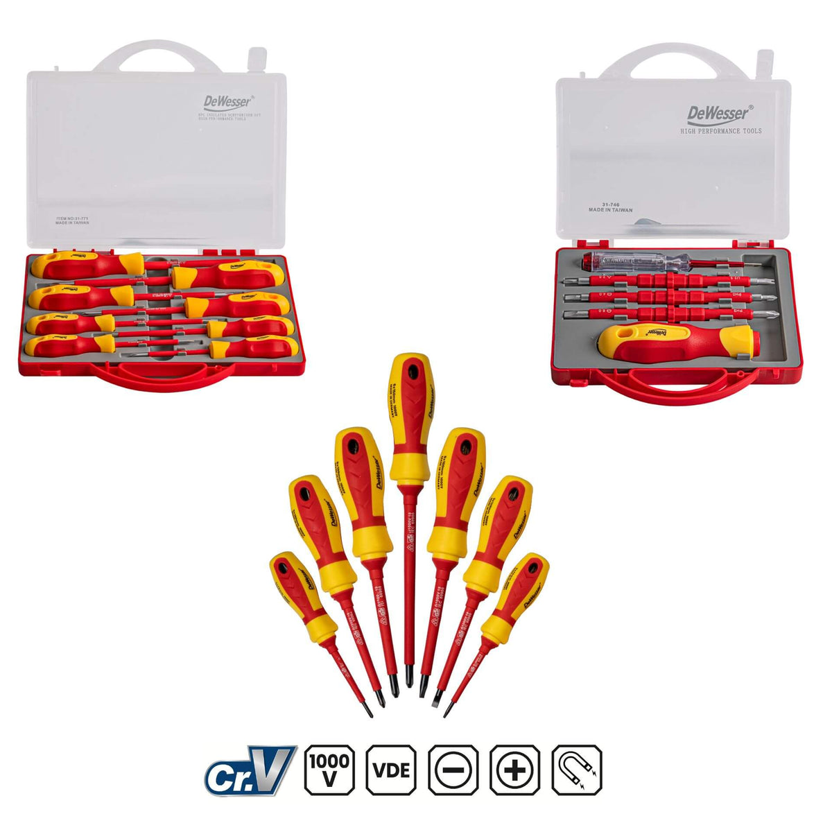 DeWesser 40-464 7-Piece 1000V VDE Insulated Screwdriver Set with Voltage Tester & Zipper Storage Pouch