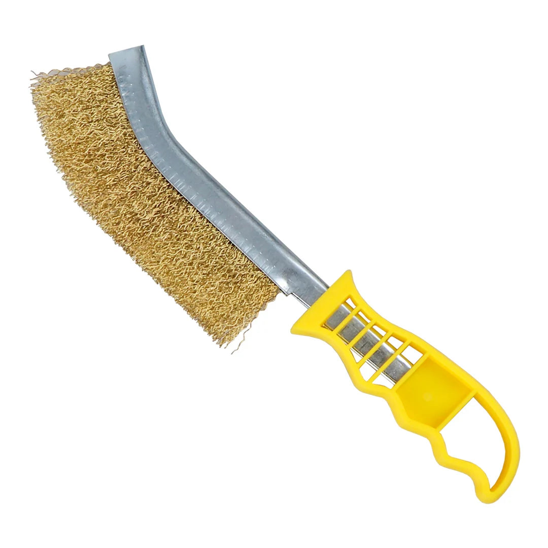 FLEX IN Heavy-Duty Curved Brass-Plated Wire Scratch Brush with Ergonomic Plastic Handle - Narrow Knife Profile for Rust, Paint & Weld Slag Cleaning