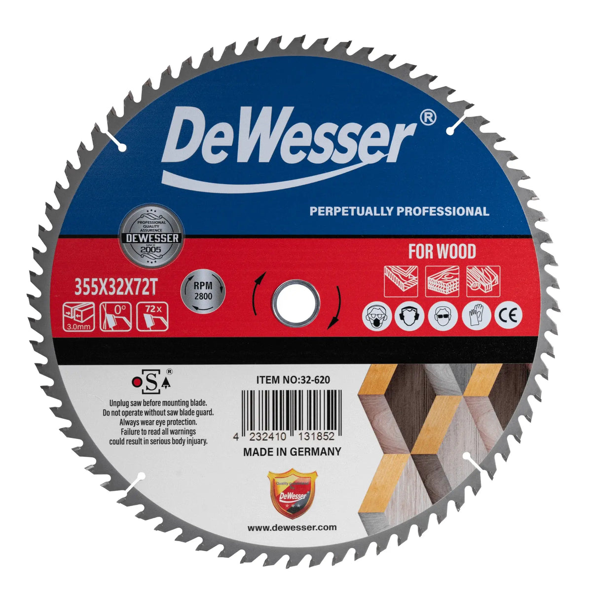 DeWesser 32-609 9" (230mm) 40T Carbide-Tipped Carpentry Circular Saw Blade for Wood Cutting