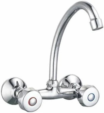 Wall-Mounted Dual Handle Kitchen Sink Mixer Faucet - Chrome-Plated Brass Faucet with Swivel Spout & Dual Hot/Cold Knob Controls for Kitchen & Utility Sinks