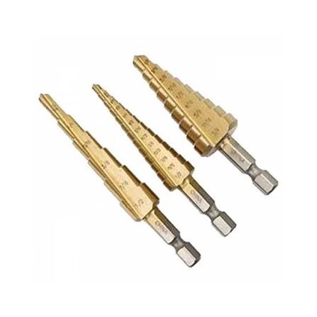 FLEX IN 3-Piece Titanium-Coated High-Speed Steel Step Drill Bit Set - Metric Sizes 4-12mm, 4-20mm, 4-32mm with 1/4" Hex Shank for Metal & Sheet Drilling