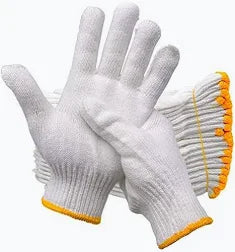 White Seamless Knitted Cotton Safety Gloves with Yellow Overlock Cuffs (10 Pairs Pack)
